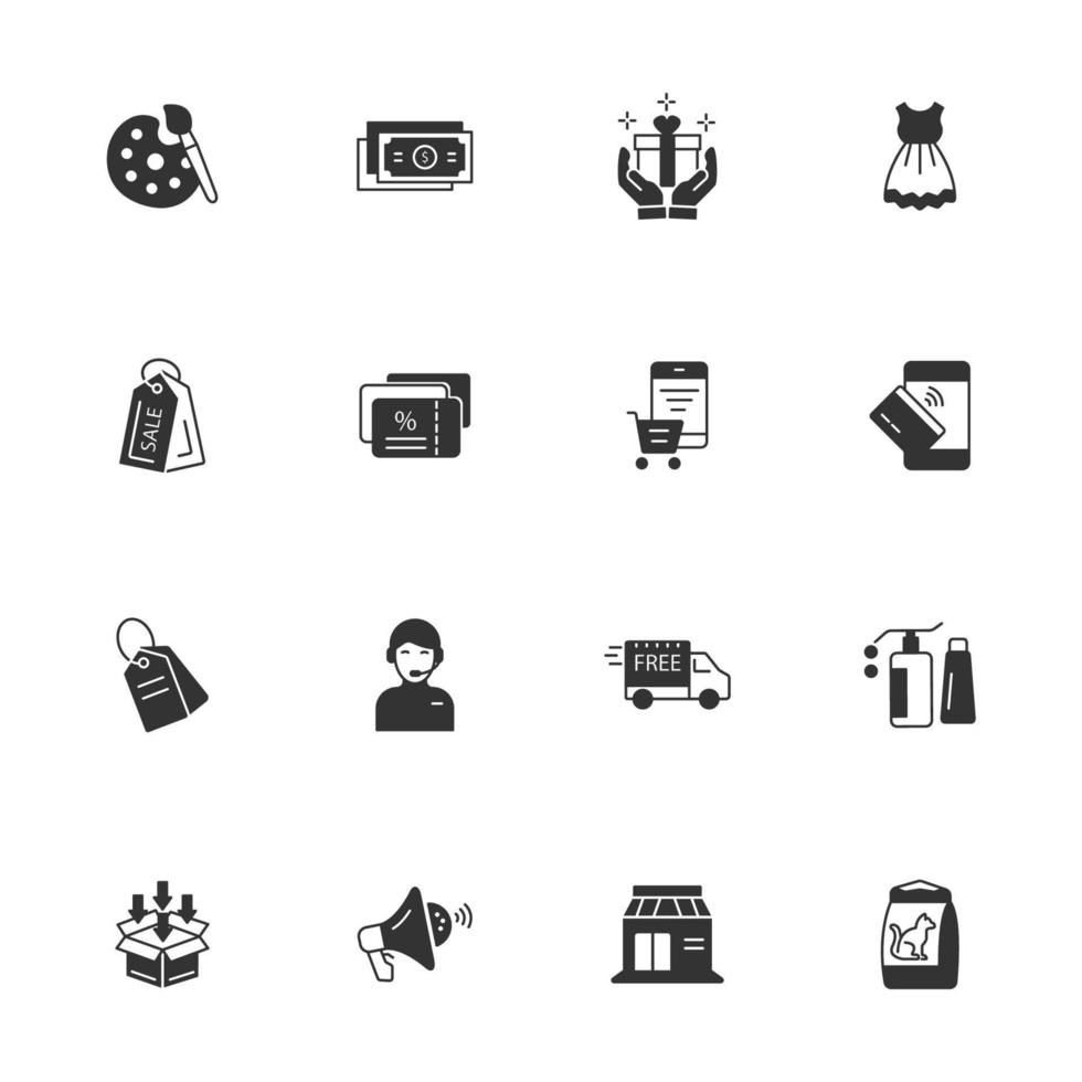 Compras, conjunto de iconos de comercio electrónico. compras, elementos de vector de símbolo de paquete de comercio electrónico para web infográfico