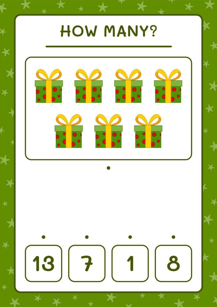 How many gift box, game for children. Vector illustration, printable worksheet