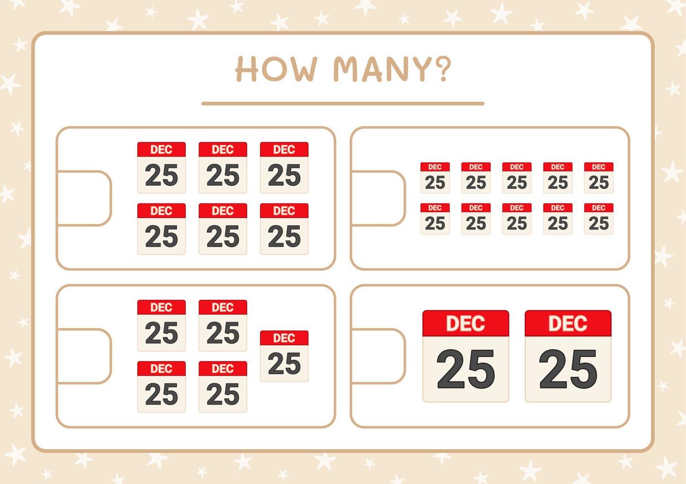 How many christmas calendar, game for children. Vector illustration, printable worksheet