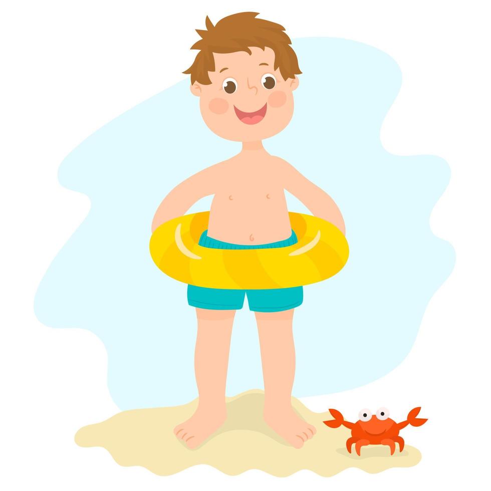 niño pequeño con anillo inflable, fiesta de verano en la playa vector