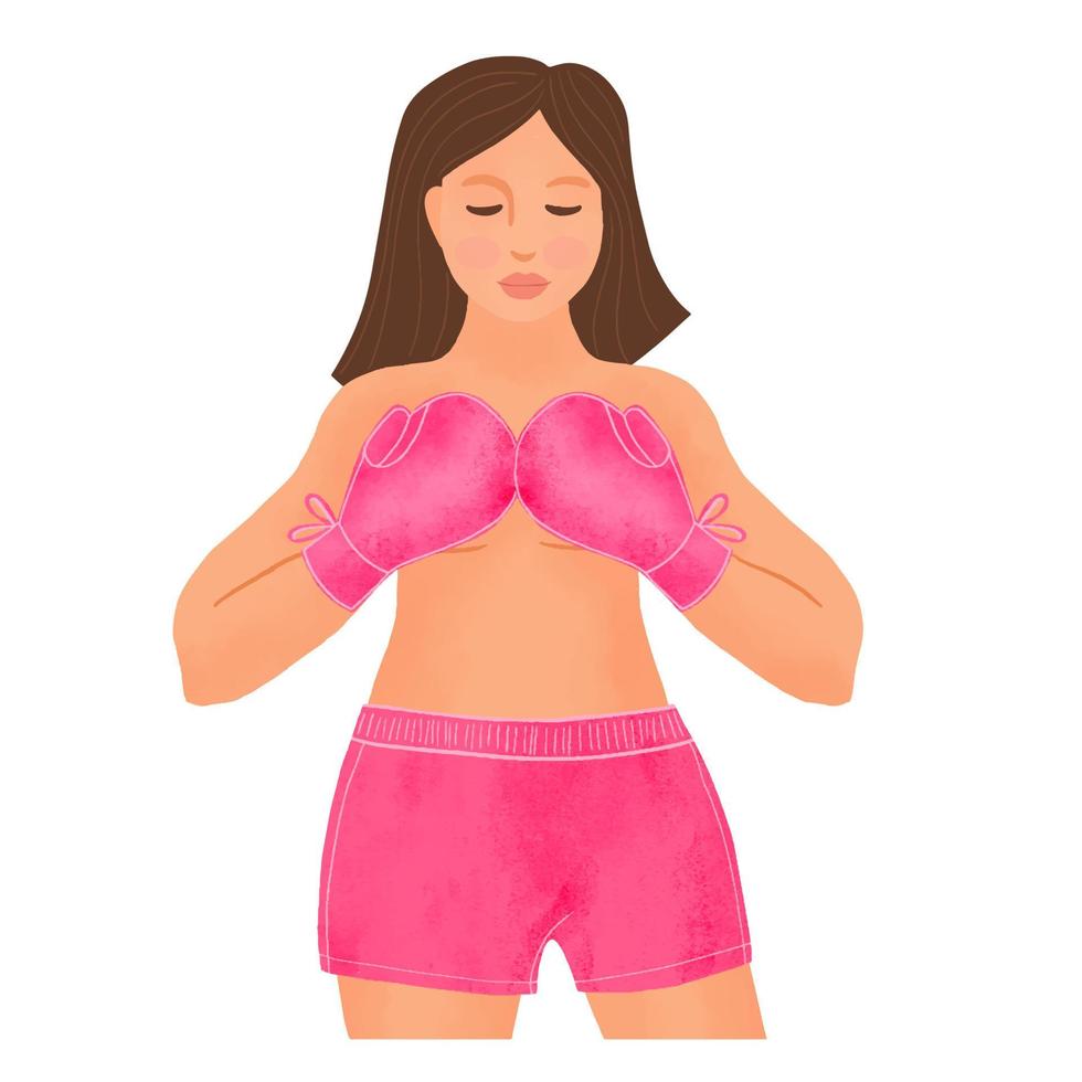 Woman fight showing pink boxing gloves. breast cancer awareness month. vector