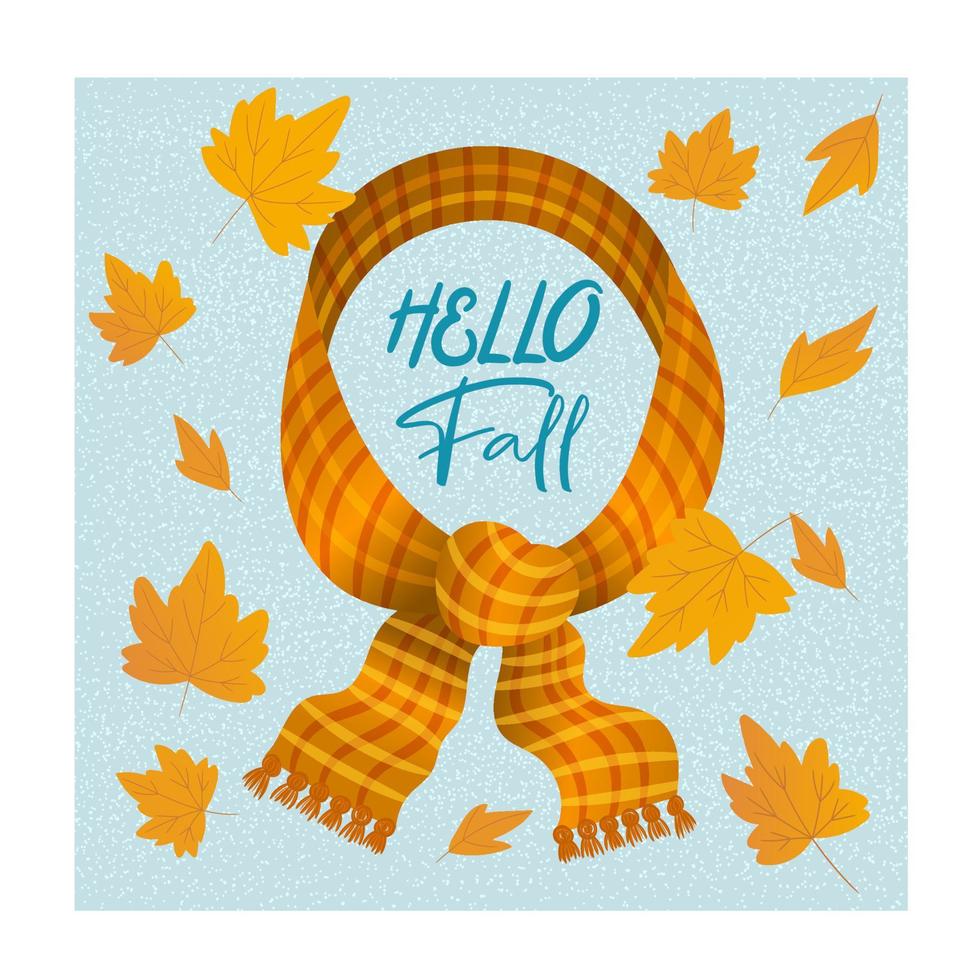 Hello fall with knitted warm scarf and leaves vector