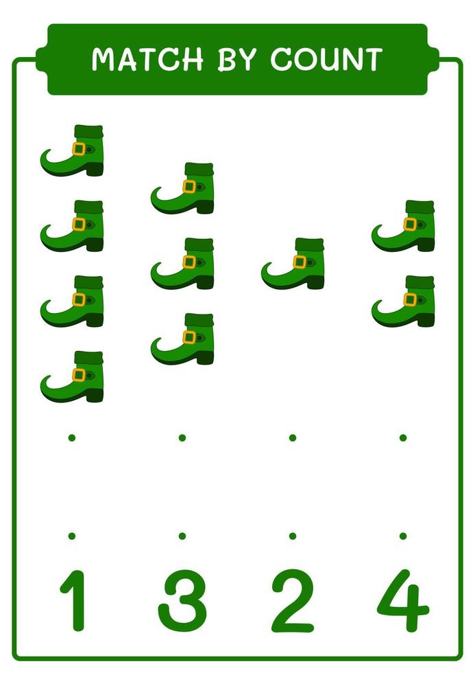 Match by count of Leprechaun boot, game for children. Vector illustration, printable worksheet