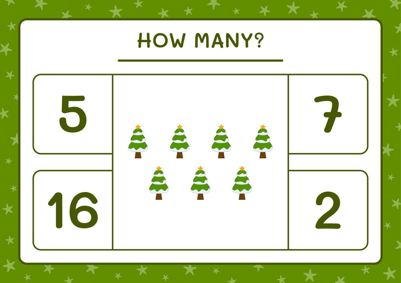 How many christmas tree, game for children. Vector illustration, printable worksheet