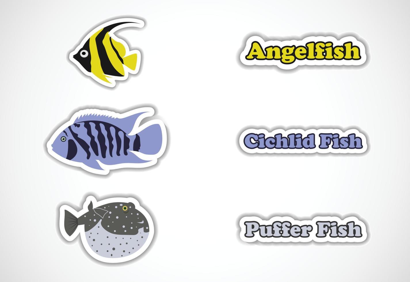 Sticker set of different fish, Flat vector illustration