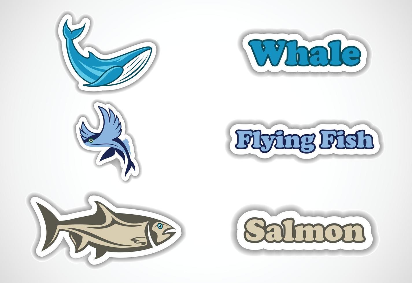 Sticker set of different fish, Flat vector illustration