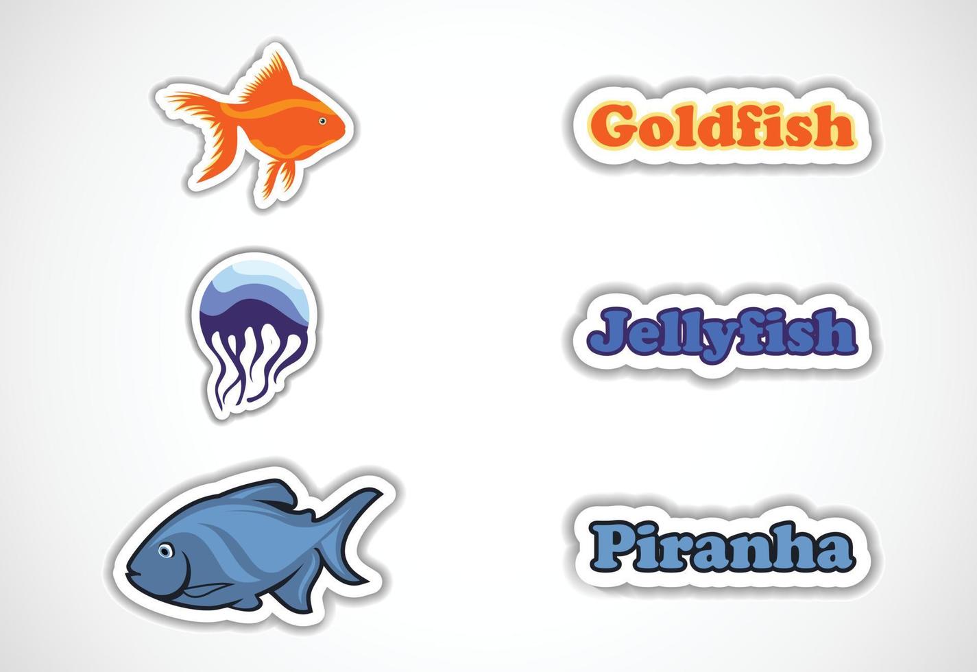 Sticker set of different fish, Flat vector illustration