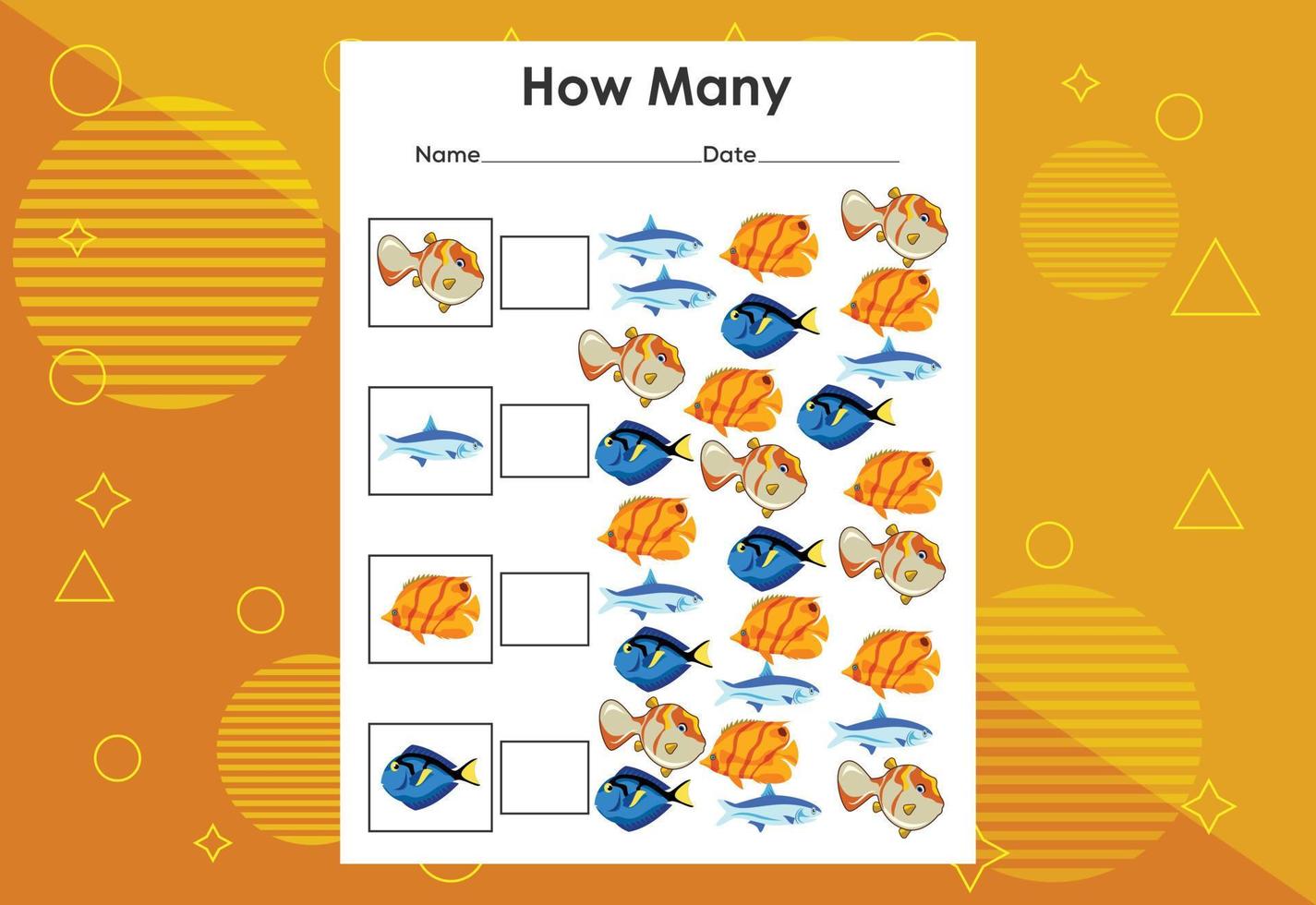 How many fish tasks. Educational children's game worksheet vector