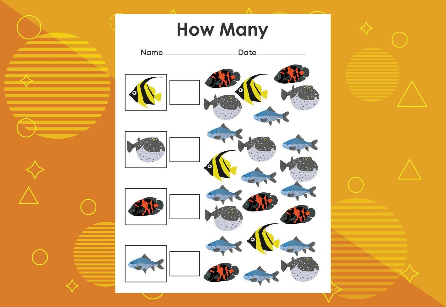 How many fish tasks. Educational children's game worksheet vector