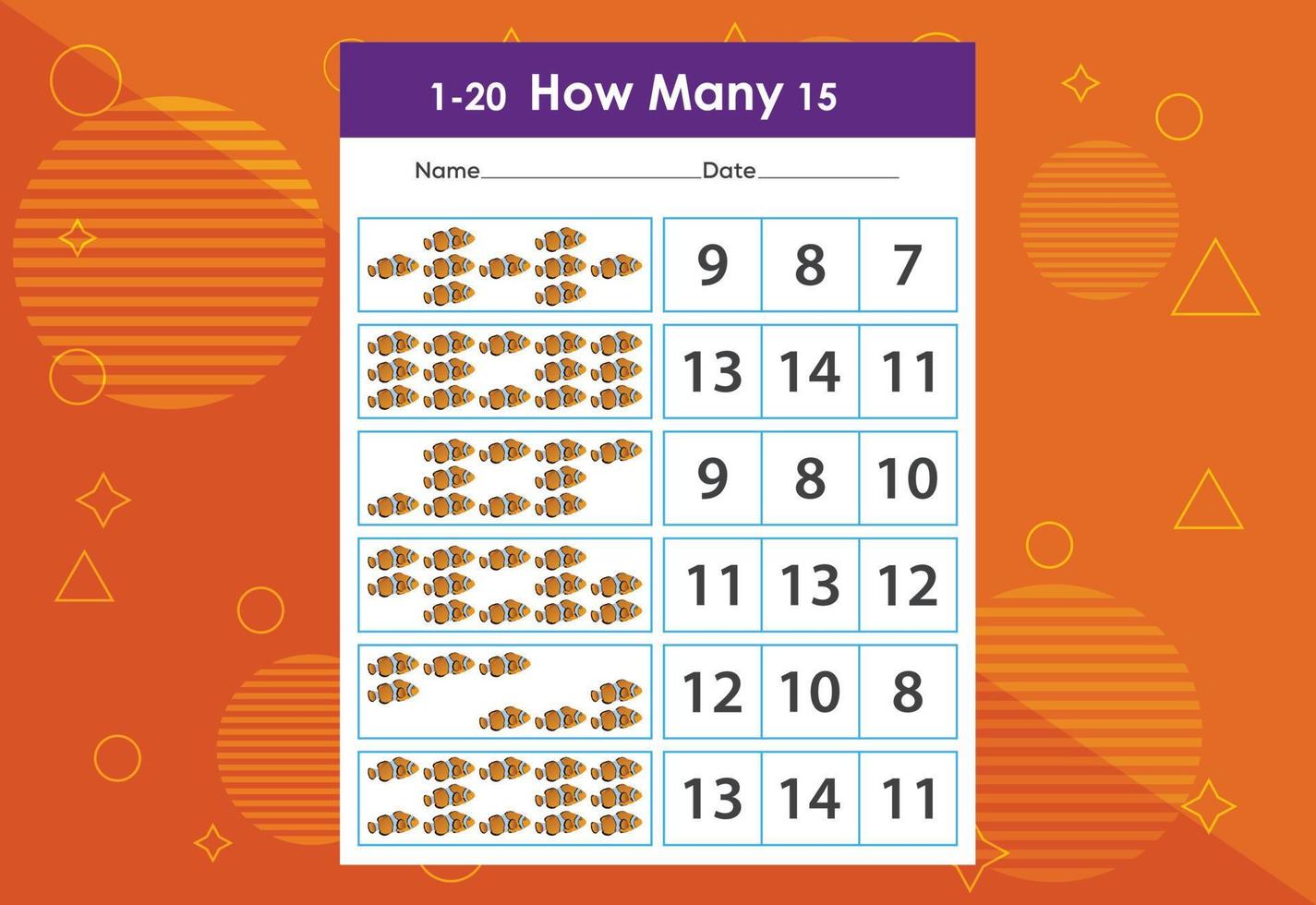 How many fishes task worksheet. Educational children's game worksheet vector
