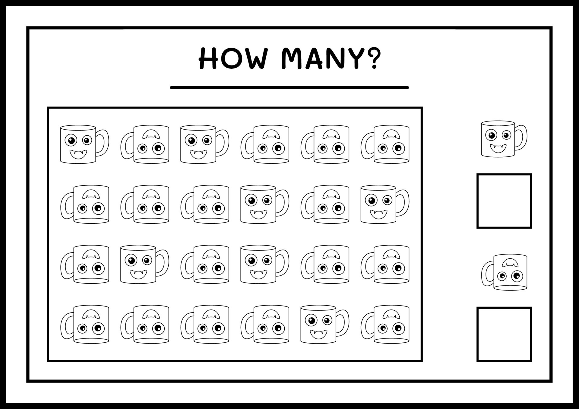 How many Mug, game for children. Vector illustration, printable