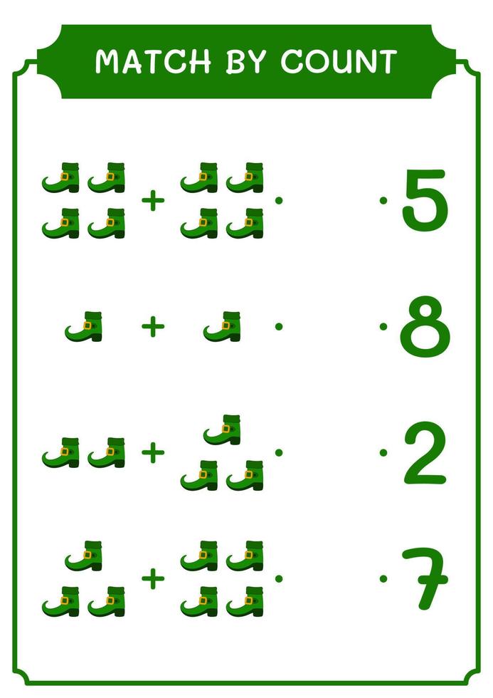 Match by count of Leprechaun boot, game for children. Vector illustration, printable worksheet