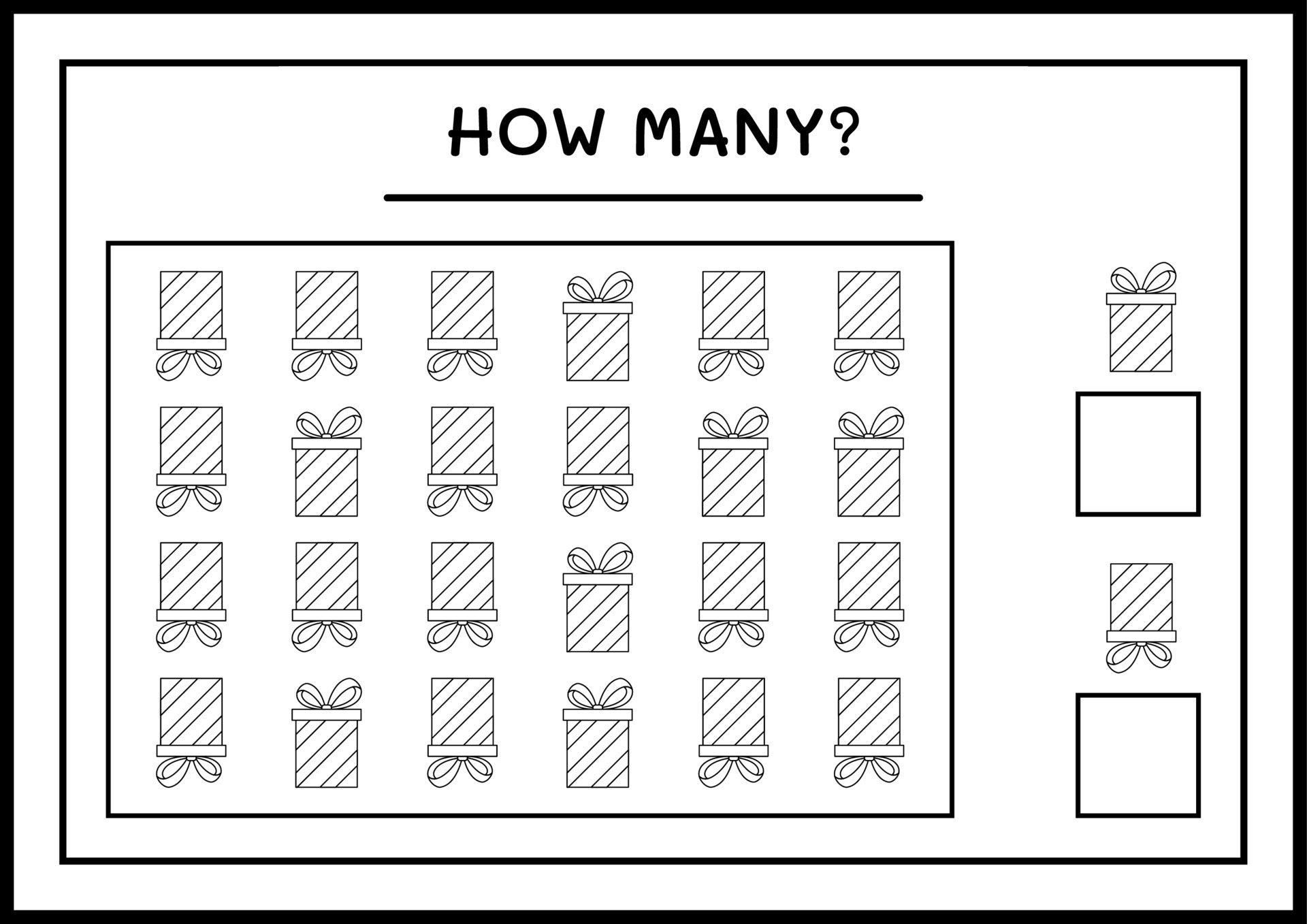 How many gift box, game for children. Vector illustration, printable