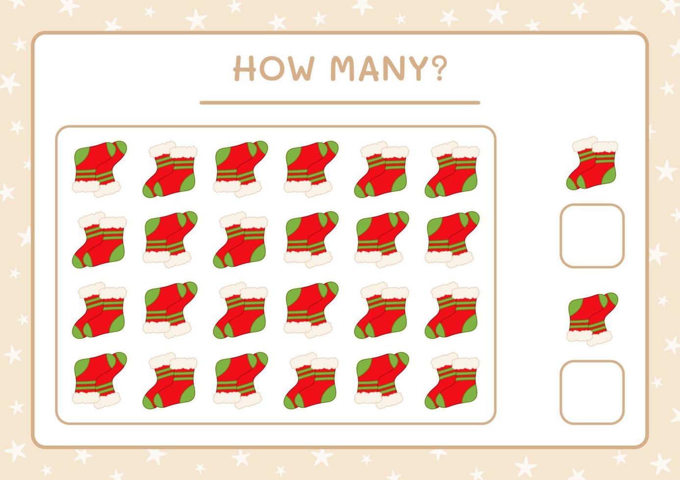 How many christmas sock, game for children. Vector illustration, printable worksheet