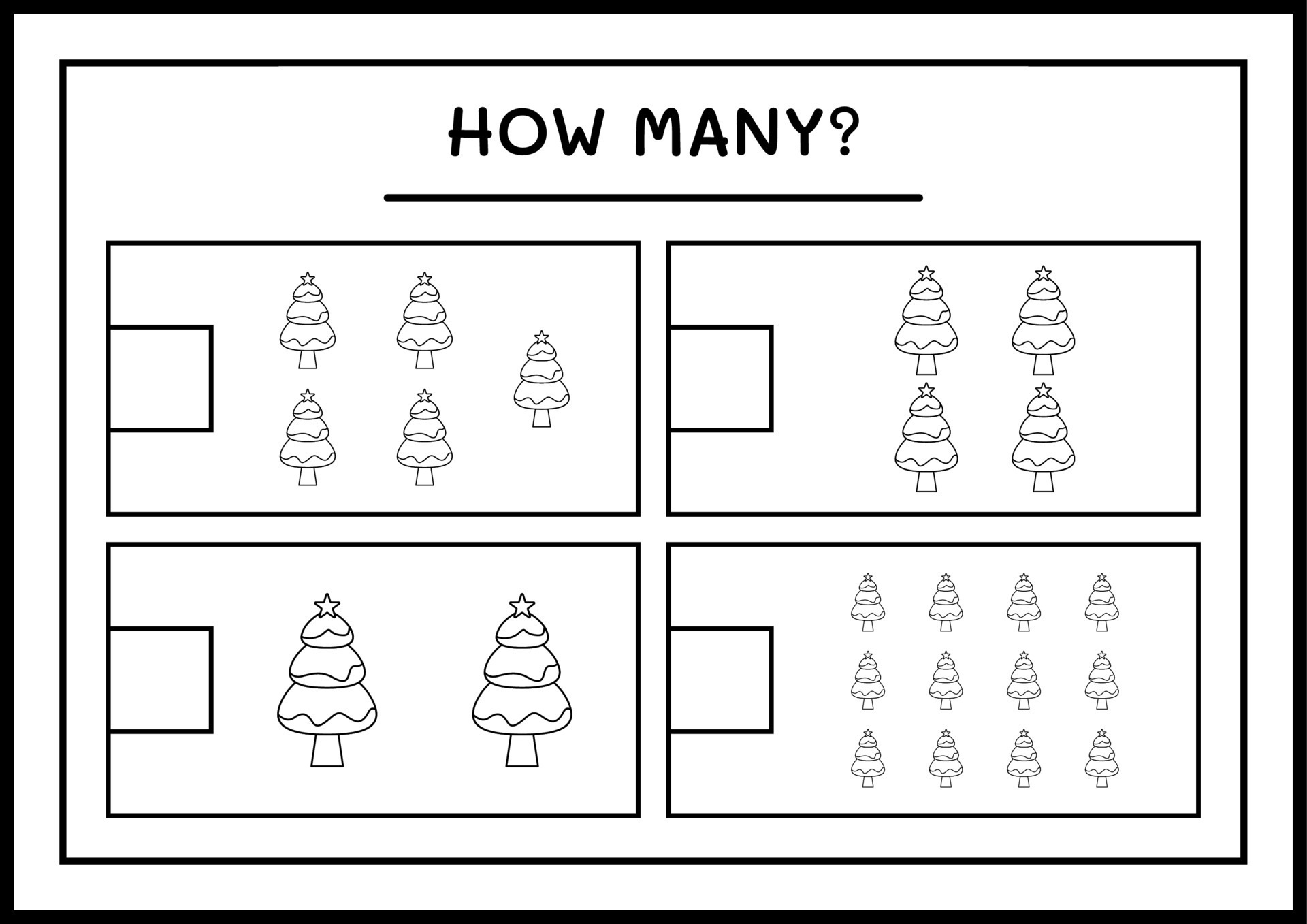 How many christmas tree, game for children. Vector illustration, printable worksheet 9999629