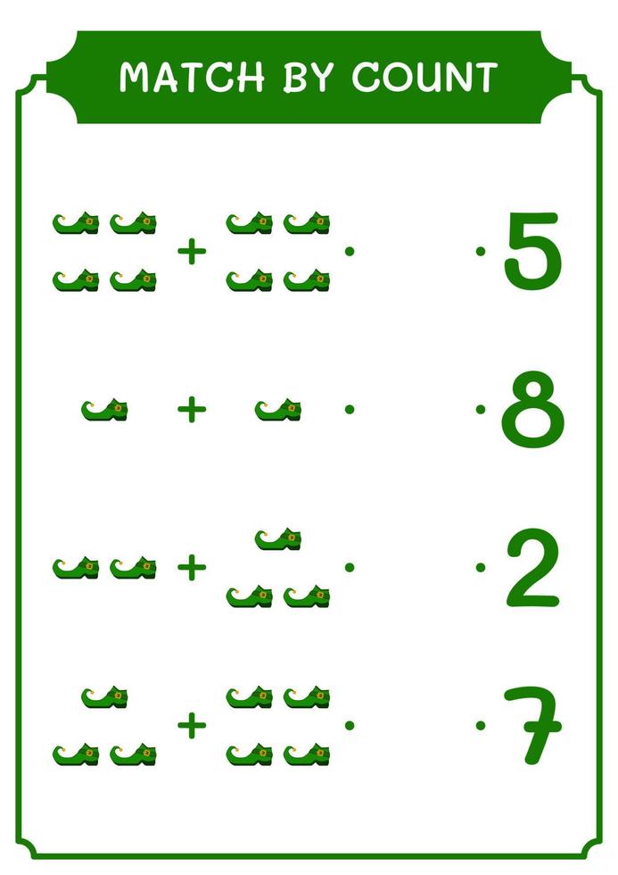 Match by count of Leprechaun boot, game for children. Vector illustration, printable worksheet