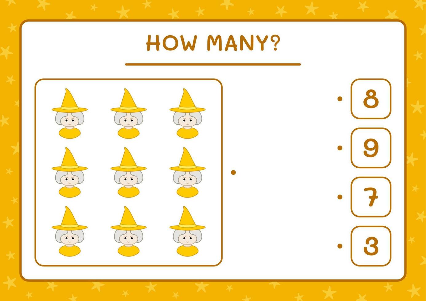 How many Witch, game for children. Vector illustration, printable worksheet