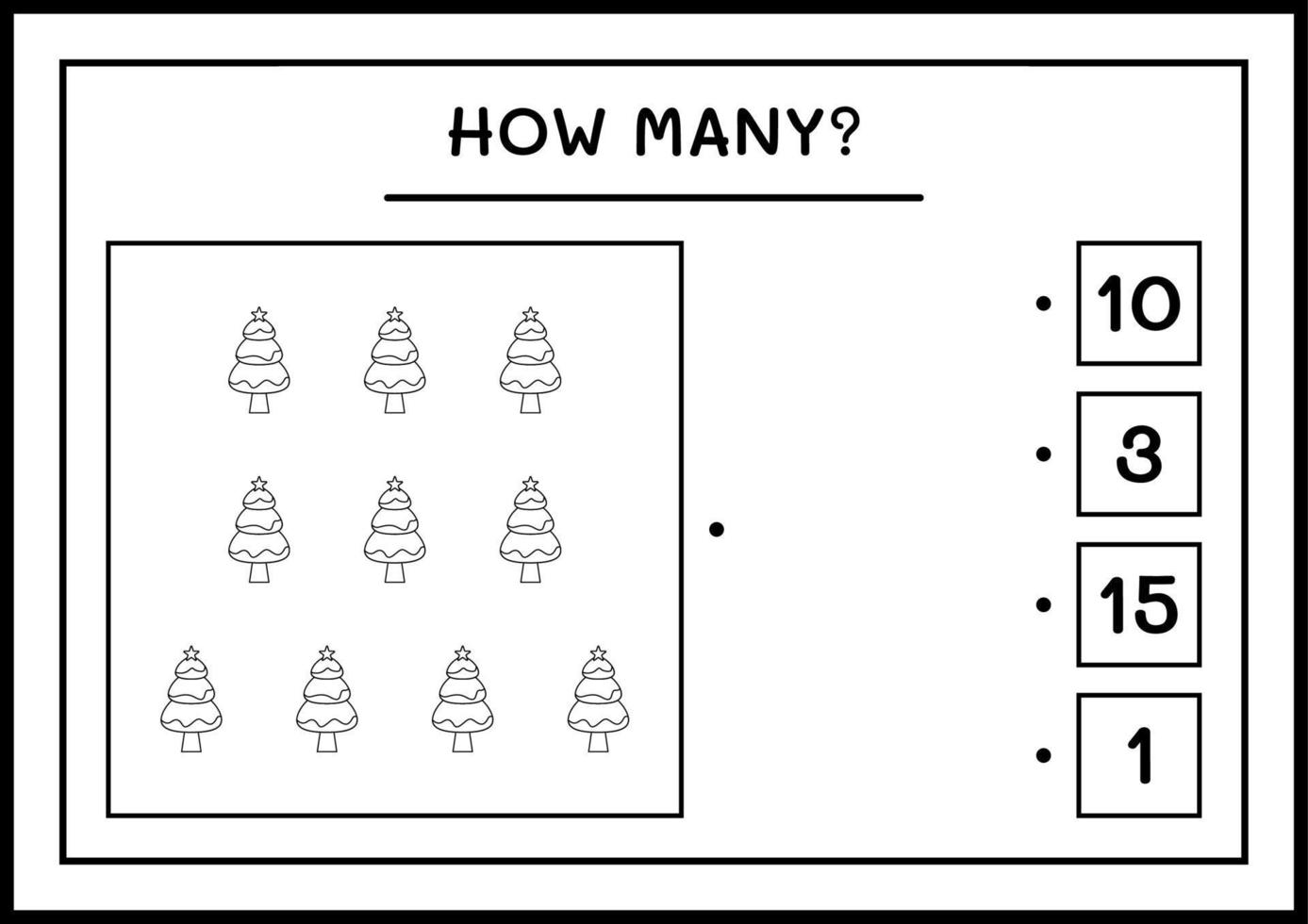 How many christmas tree, game for children. Vector illustration, printable worksheet