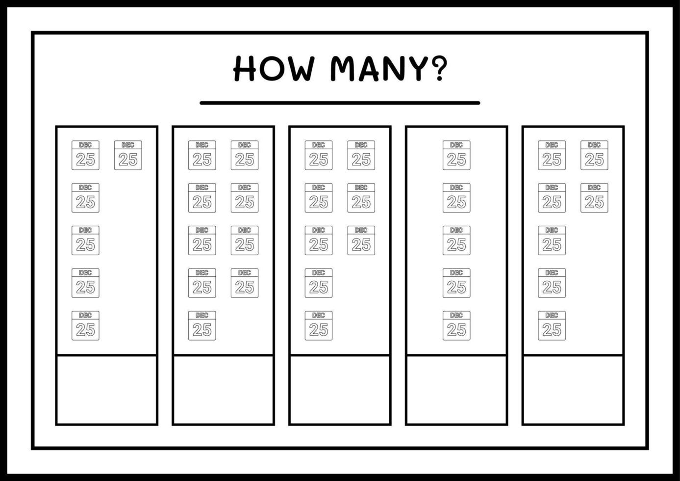 How many christmas calendar, game for children. Vector illustration, printable worksheet