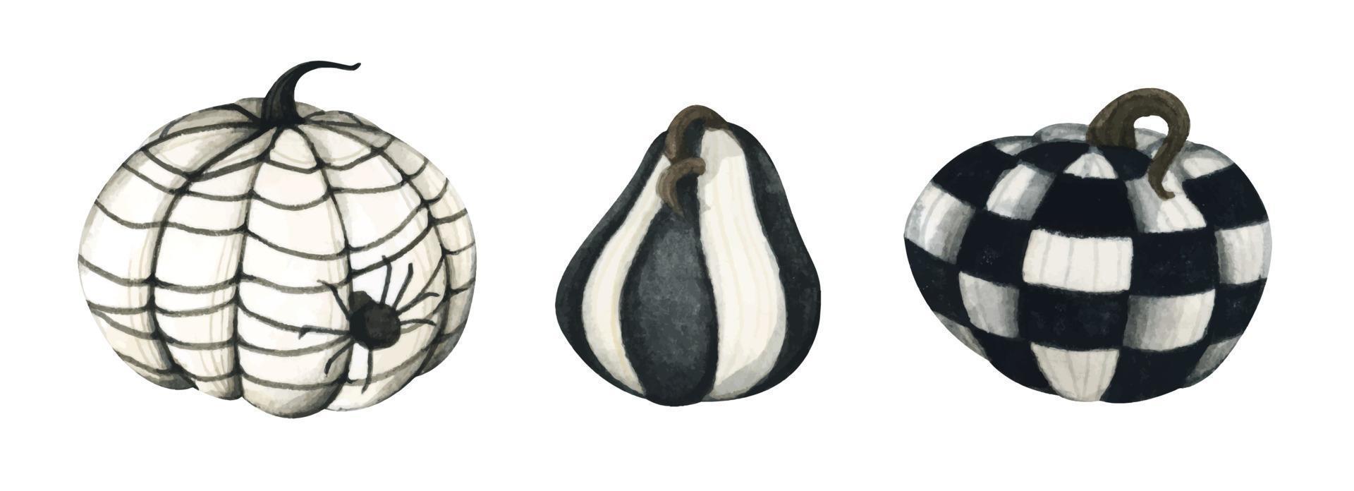 Autumn festive halloween collection. Set of black and white pumpkin. Watercolor illustration. vector