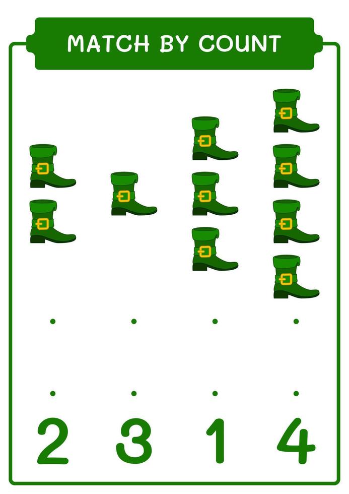 Match by count of Leprechaun boot, game for children. Vector illustration, printable worksheet