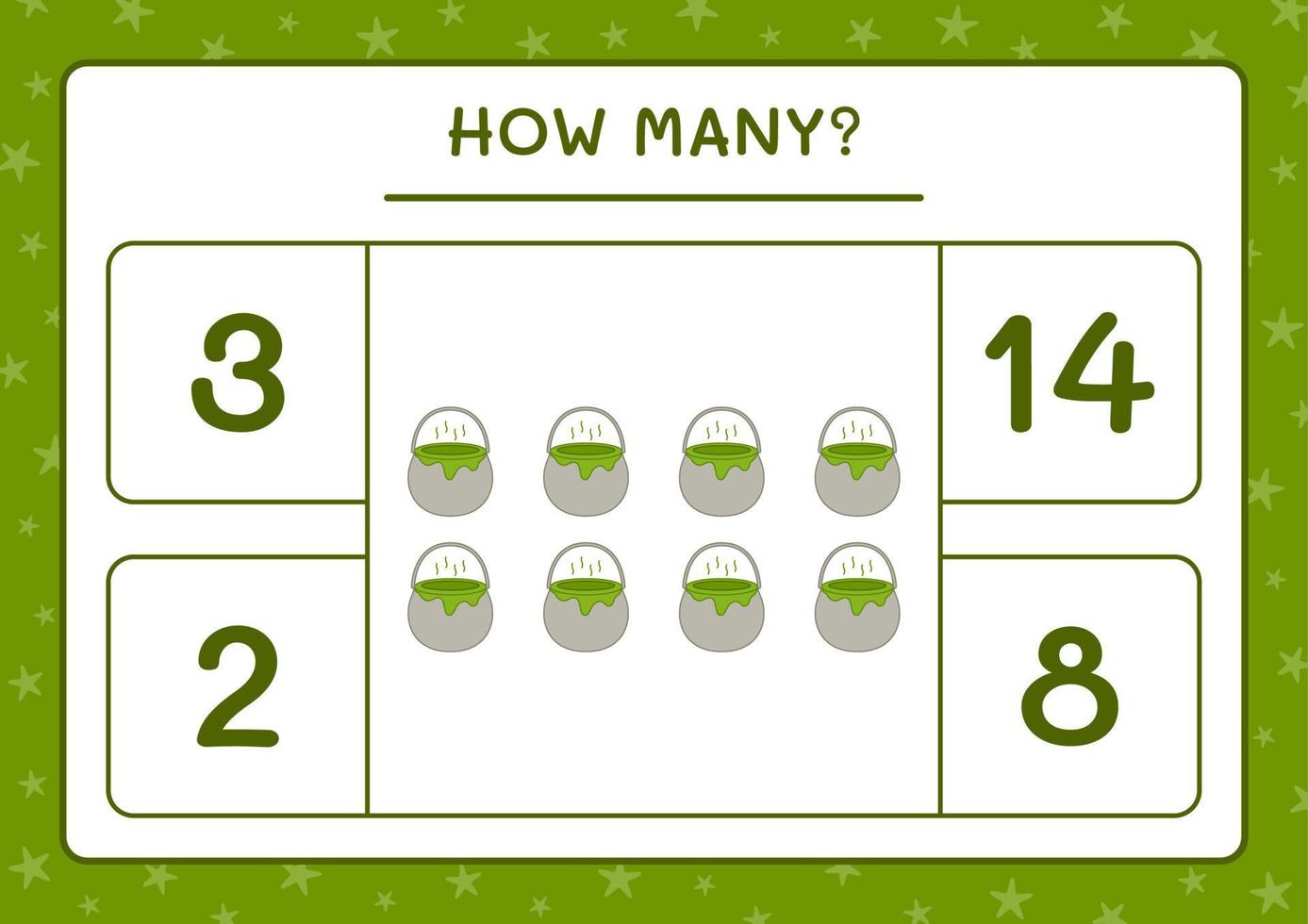 How many Cauldron, game for children. Vector illustration, printable worksheet