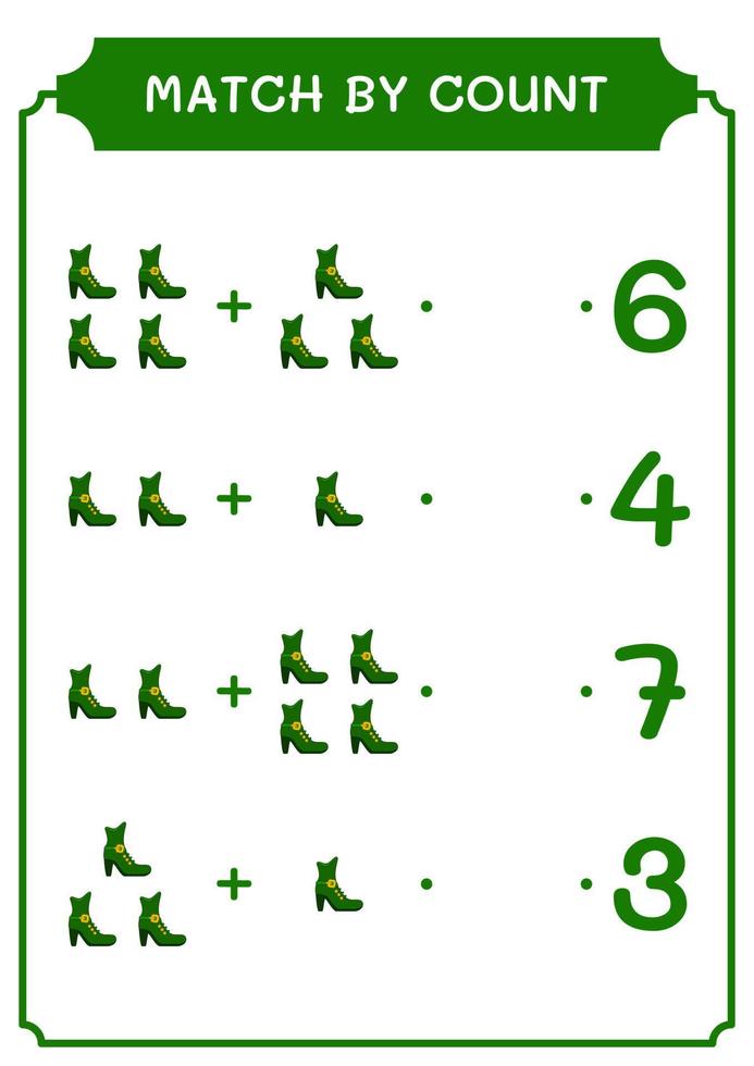 Match by count of Leprechaun boot, game for children. Vector illustration, printable worksheet