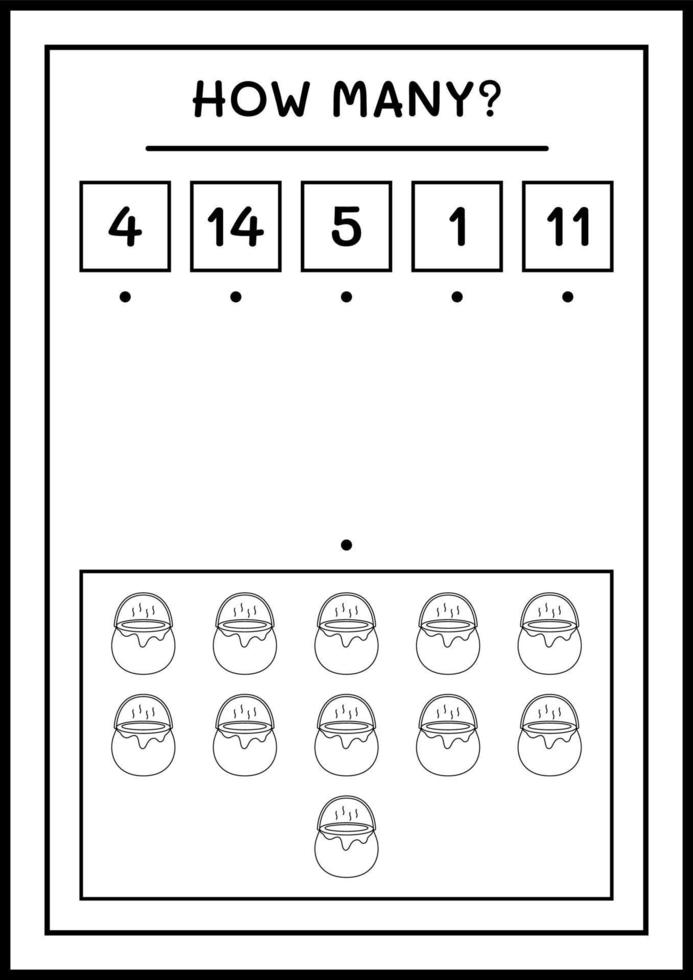 How many Cauldron, game for children. Vector illustration, printable worksheet