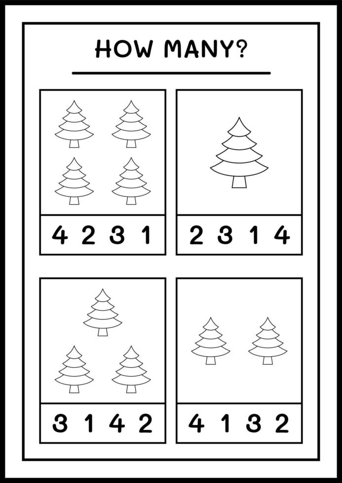 How many christmas tree, game for children. Vector illustration, printable worksheet