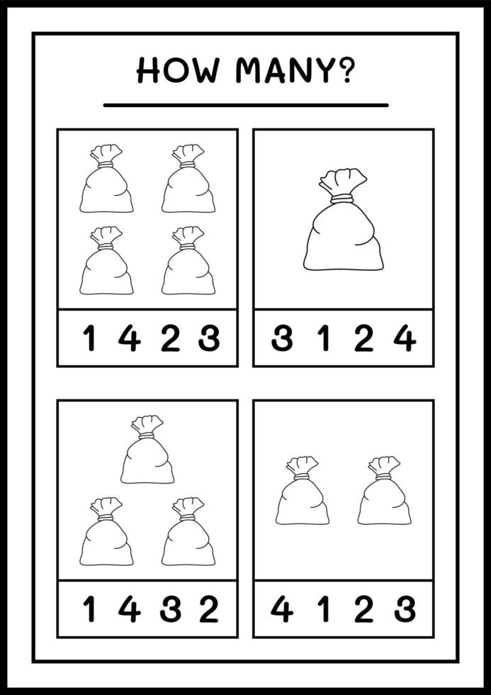 How many santa claus red bag, game for children. Vector illustration, printable worksheet