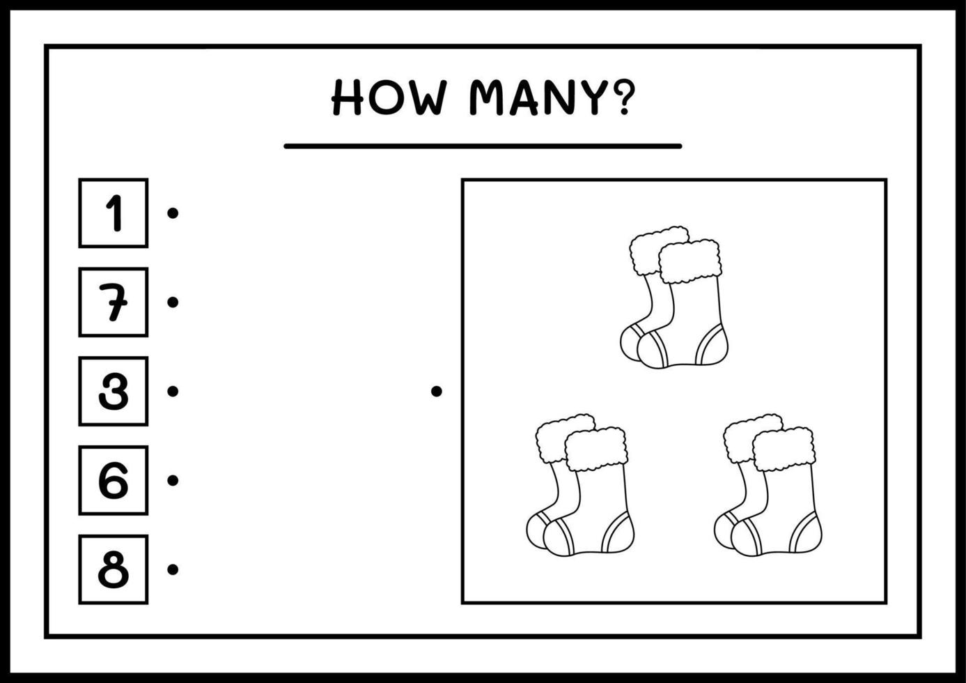 How many christmas sock, game for children. Vector illustration