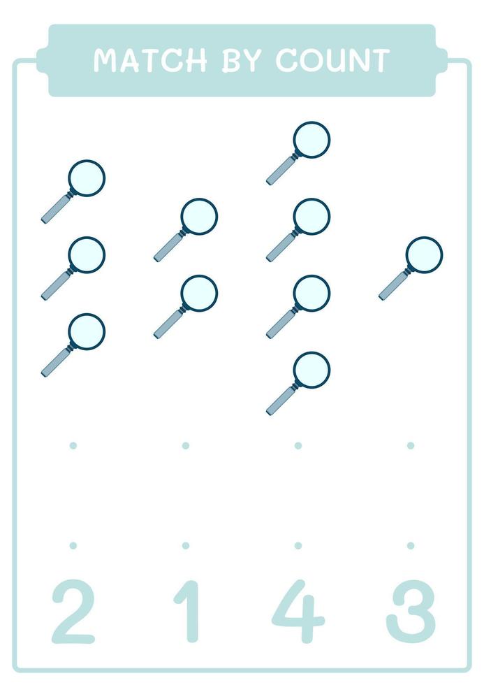 Match by count of Magnifying glass, game for children. Vector illustration, printable worksheet