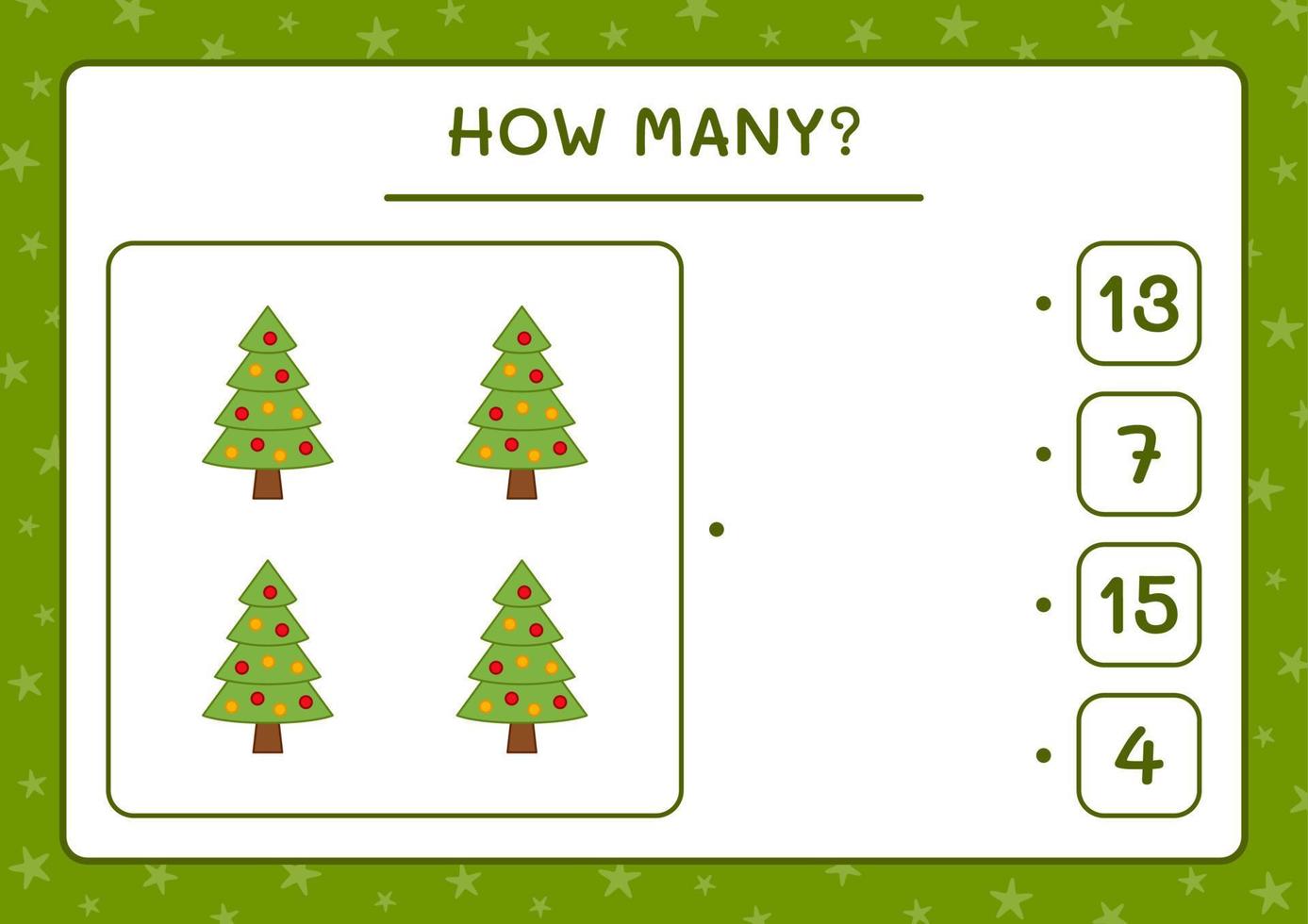 How many christmas tree, game for children. Vector illustration, printable worksheet