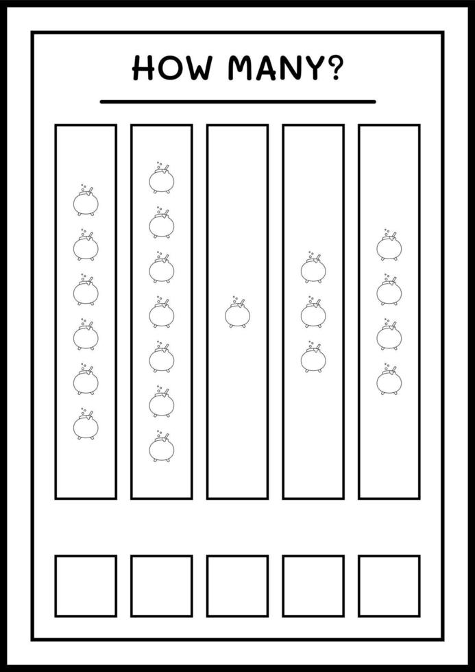 How many Cauldron, game for children. Vector illustration, printable worksheet