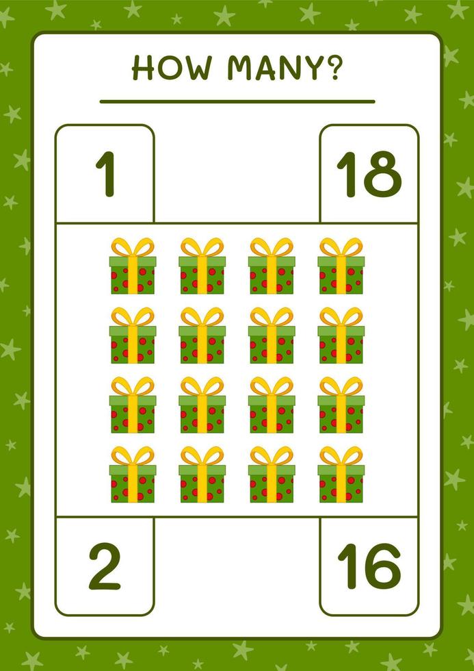 How many gift box, game for children. Vector illustration, printable worksheet