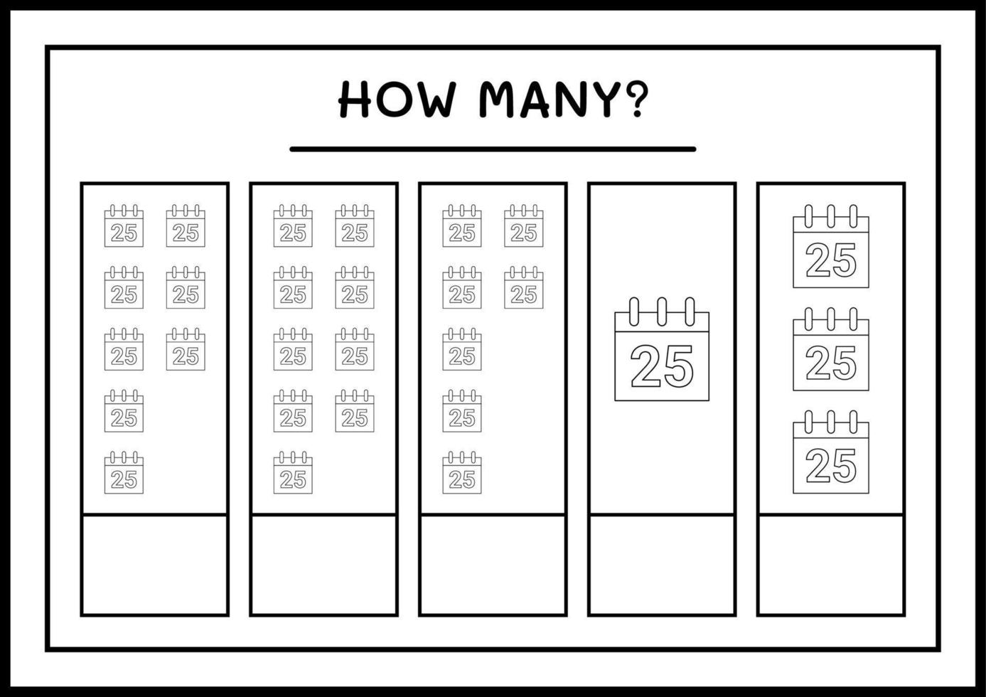 How many christmas calendar, game for children. Vector illustration, printable worksheet
