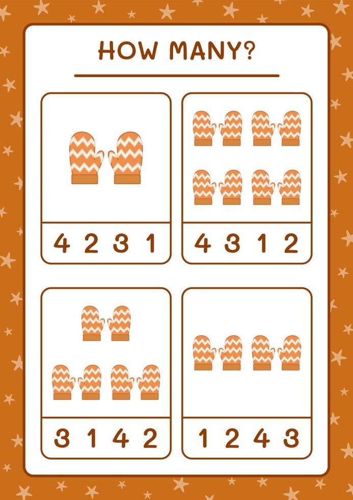 How many winter mittens, game for children. Vector illustration, printable worksheet