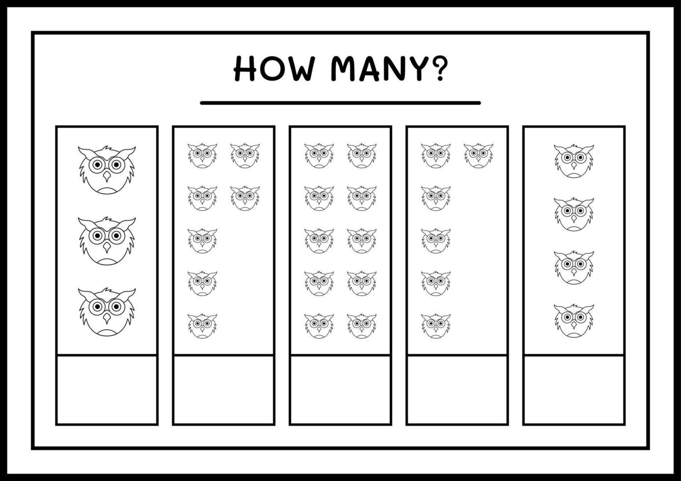 How many Owl, game for children. Vector illustration, printable worksheet