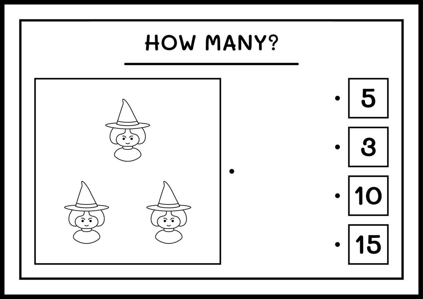 How many Witch, game for children. Vector illustration, printable worksheet