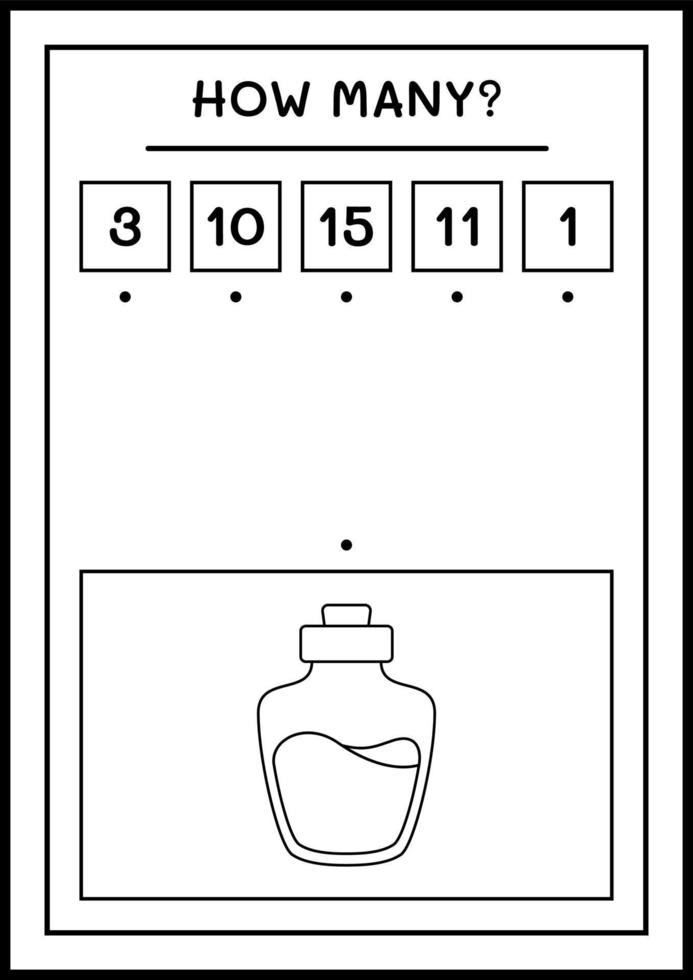 cuantas botellas de pociones, juegos para niños. ilustración vectorial, hoja de cálculo imprimible vector