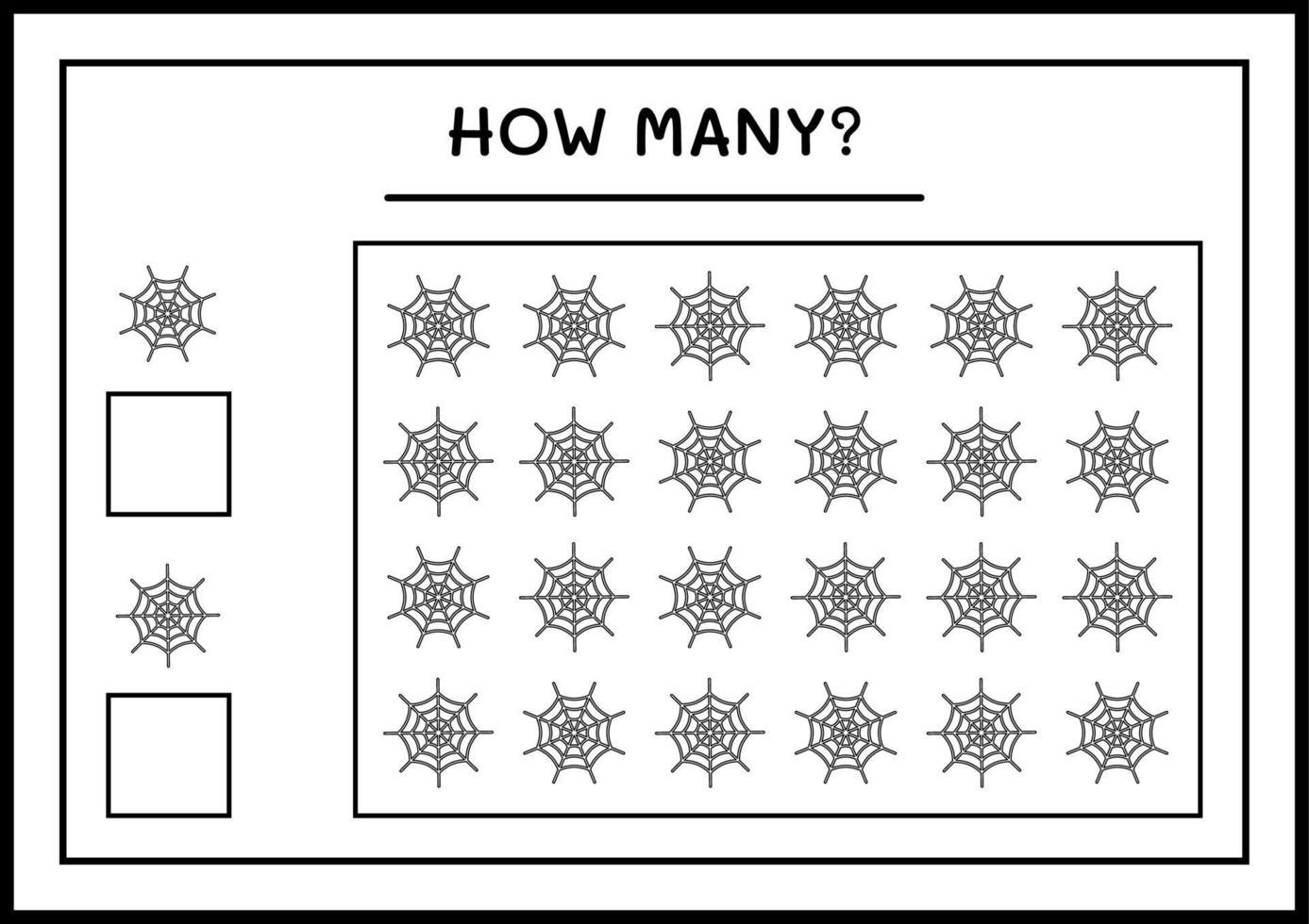 How many Cobweb, game for children. Vector illustration, printable worksheet