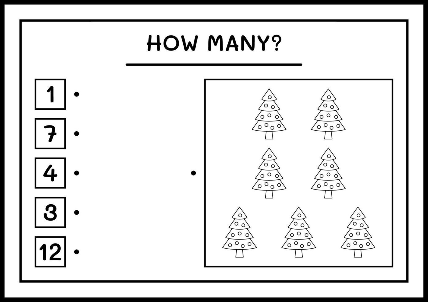 How many christmas tree, game for children. Vector illustration, printable worksheet