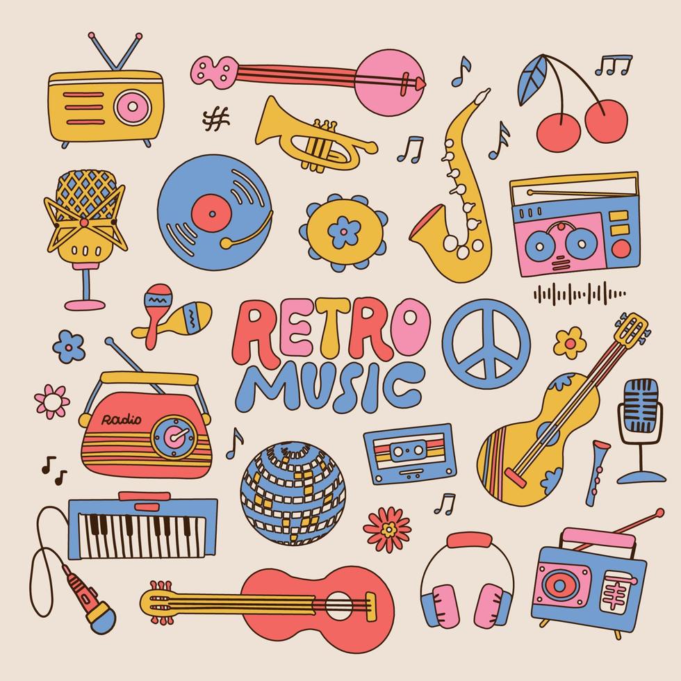 conjunto de reproductores de música retro, grabadora de cassette, auriculares, tocadiscos vintage, cassette, instrumentos musicales y placa de vinilo. ilustración vectorial dibujada a mano aislada en estilo vintage moderno de los años 70. vector