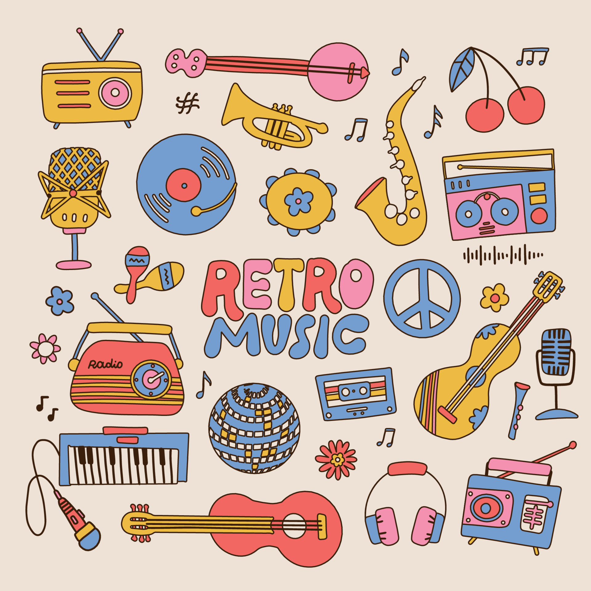 Set of retro music players, cassette recorder, headphones, , vintage