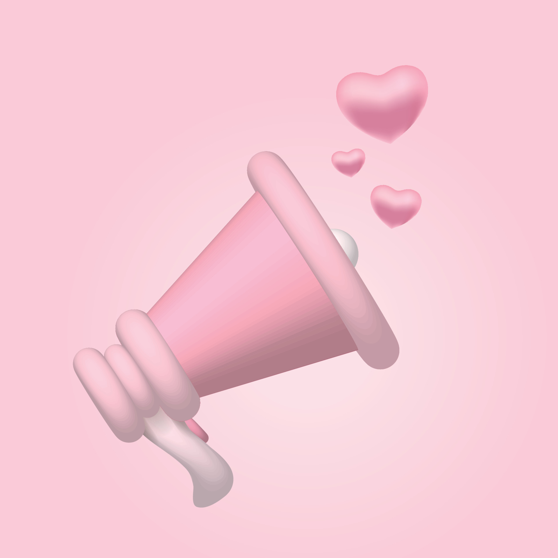 3d pink megaphone with flying heart icons isolated on light pink