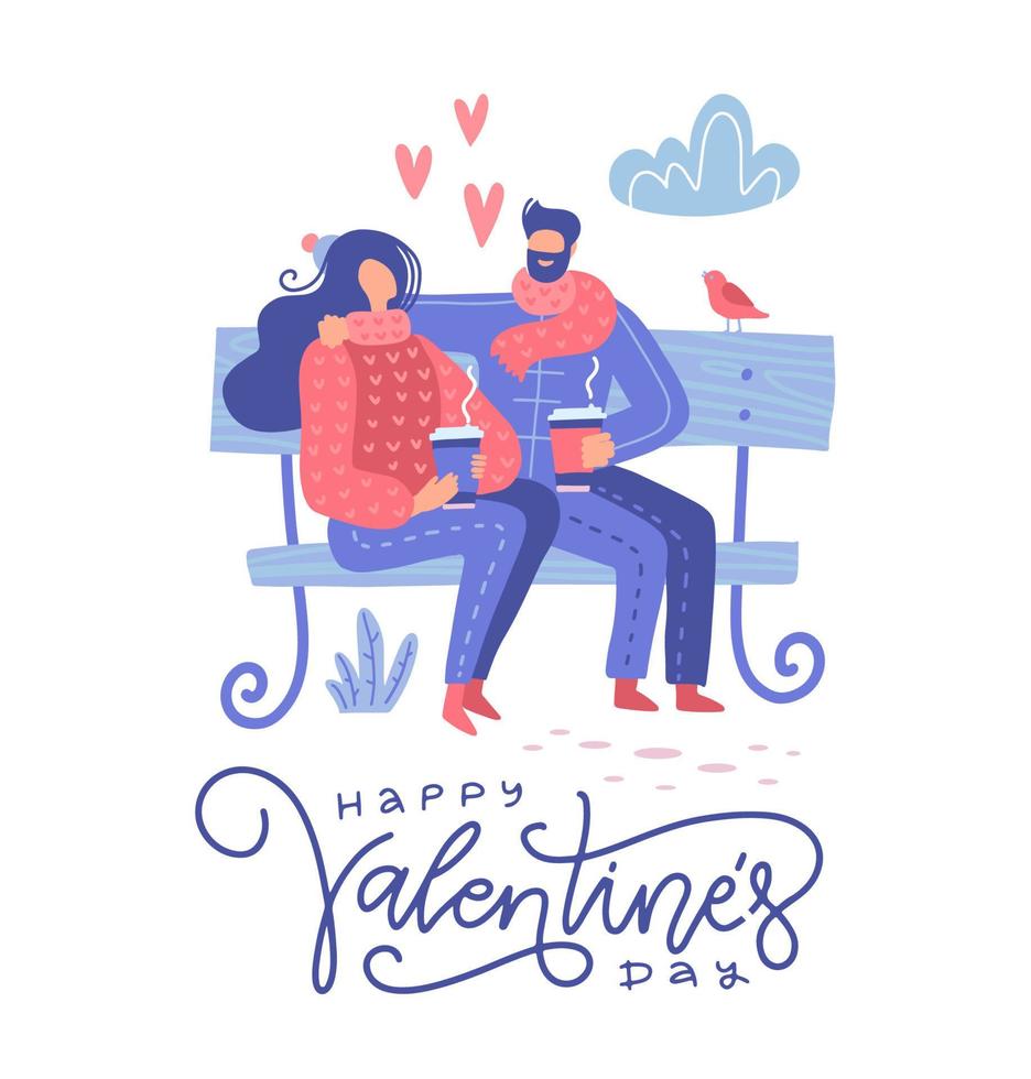 Cute romantic couple sitting on a bench in the park and dringing coffee, spring lovely scene. Valentine s day greeting card. Flat vector illustration.