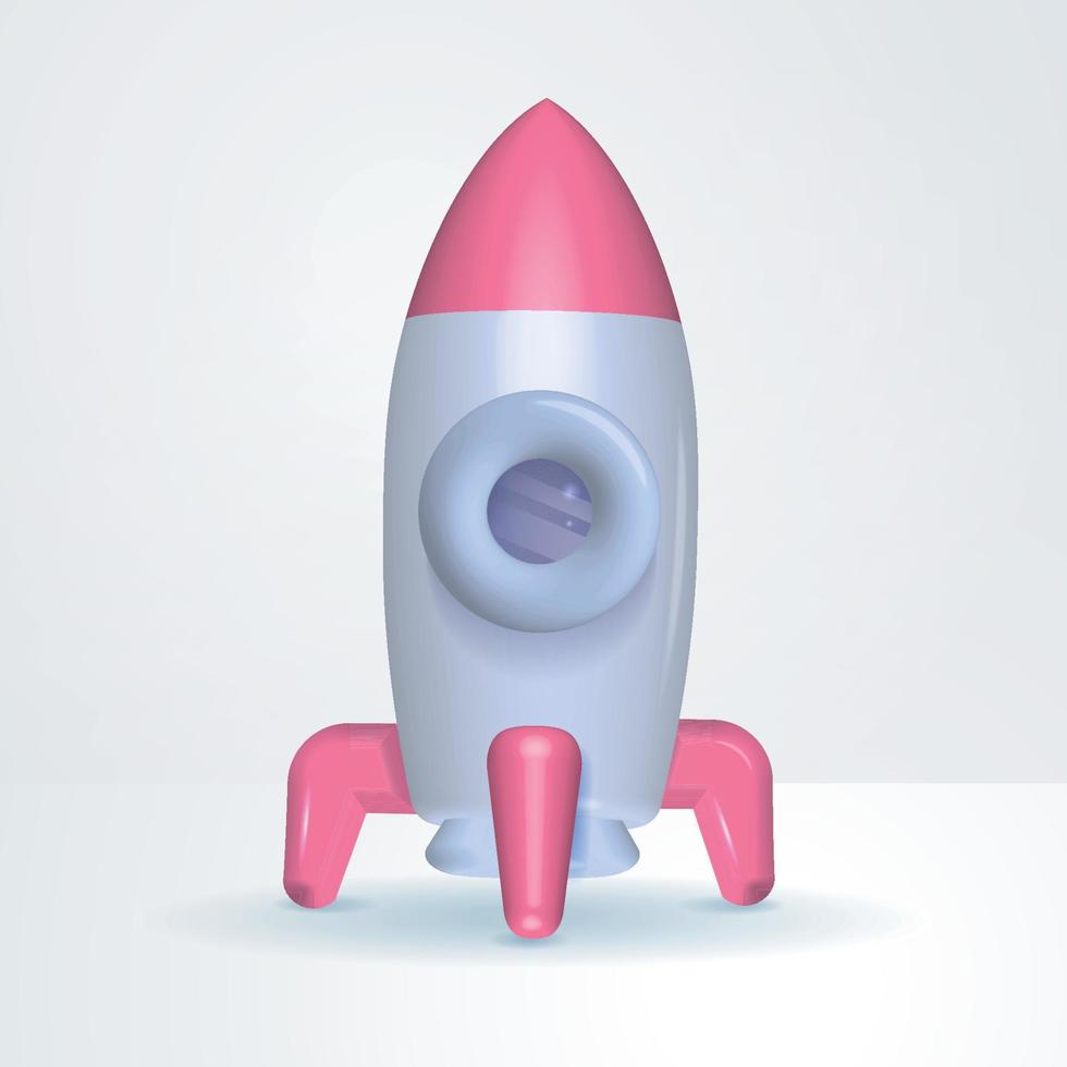 hacer cohete 3d. nave espacial blanca de pie en la superficie con soportes rosas. nuevo proyecto de inicio que se está probando para un lanzamiento comercial exitoso. ilustración vectorial aislada. vector