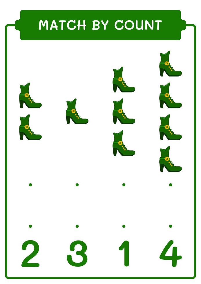 Match by count of Leprechaun boot, game for children. Vector illustration, printable worksheet