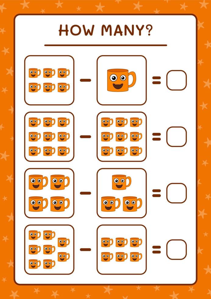 How many Mug, game for children. Vector illustration, printable worksheet