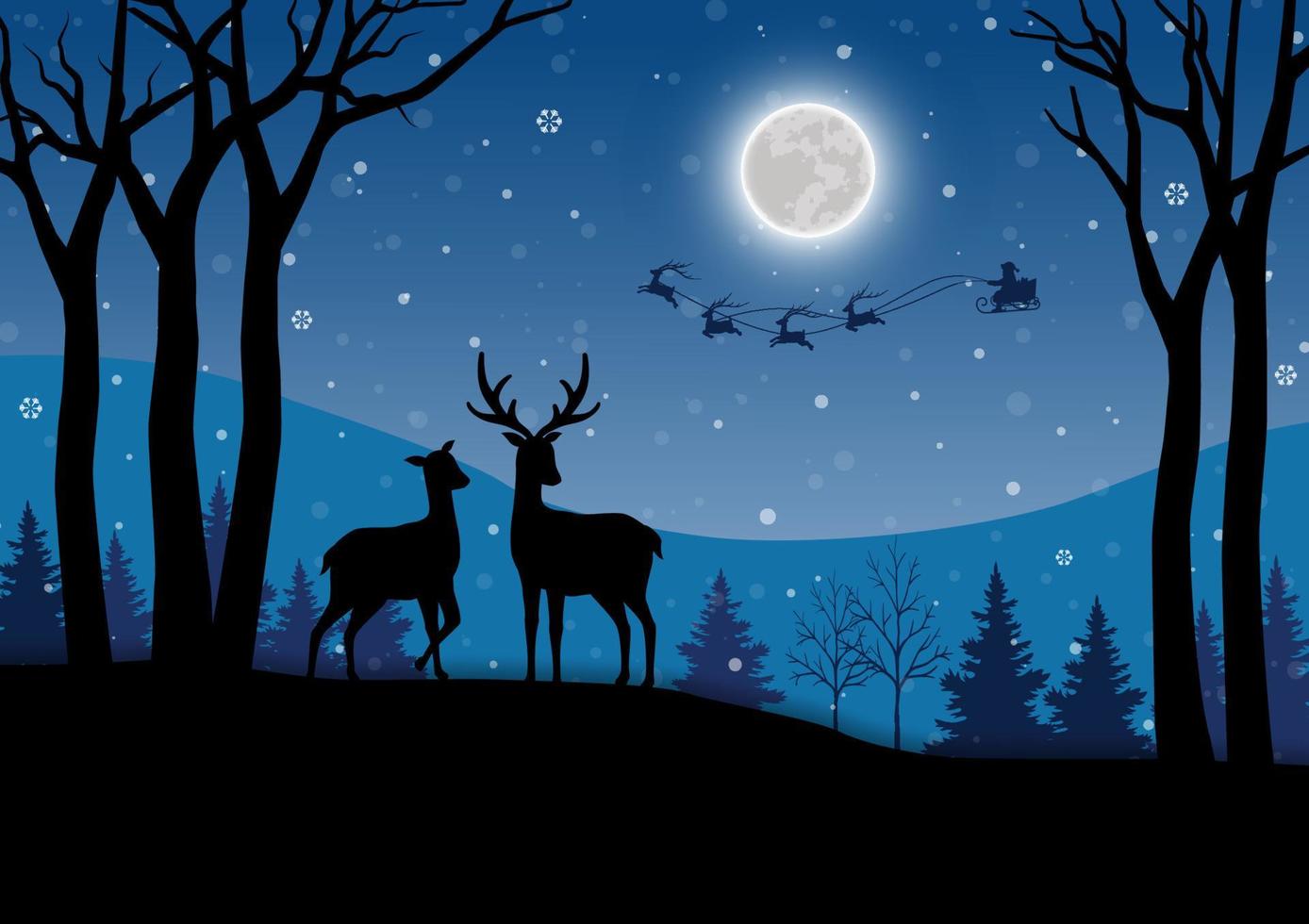 feliz navidad y feliz año nuevo tarjeta de felicitación con la familia de los ciervos en el paisaje nocturno de invierno vector